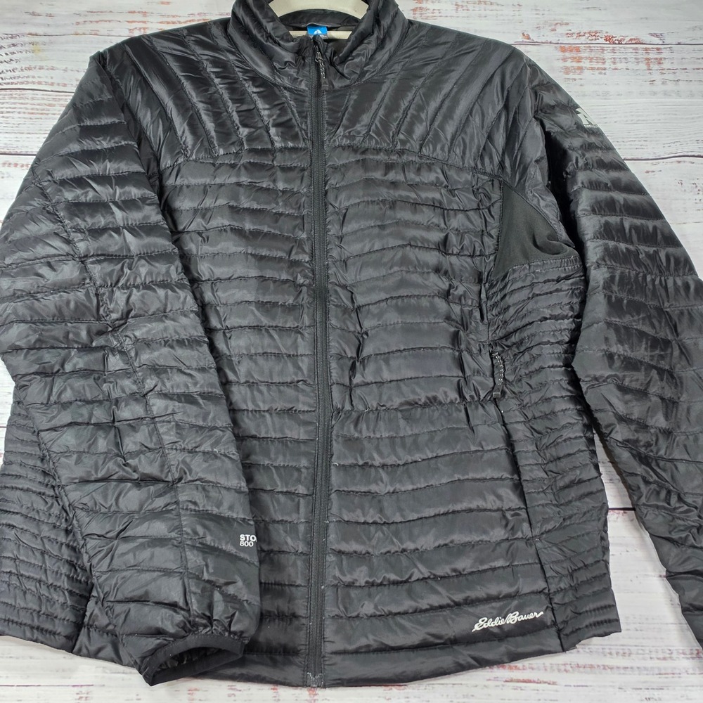 Eddie Bauer Puffer Jacket Womens XL Black Excellent StormDown 800 Hooded Quilted